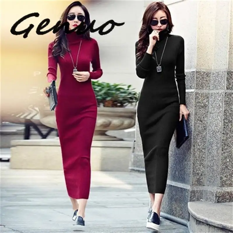 

Genuo Plus velvet thickening Women Sexy Long Sweater Dress Black Turtleneck Women Winter Primer Shirt Slim Long-sleeved Dresses