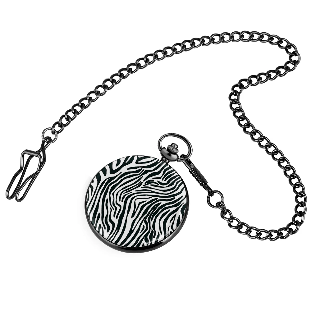 

Zebra Stripes Quartz Pocket Watch Chic High Quality Digital Dial Smooth Alloy Flip Cover Comfortable Pendant Thick Chain Clocks