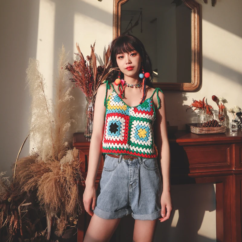 Пляжный богемный вырезанный топ в японском стиле для девушек вязаный крючком с