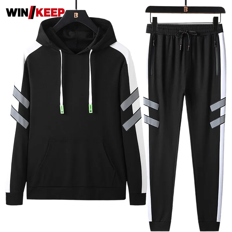 8XL Loose Sports Suits Men Hooded Knitting Pullover Elastic Reflective Long-Sleeve Trousers Two-Piece Spring Autumn