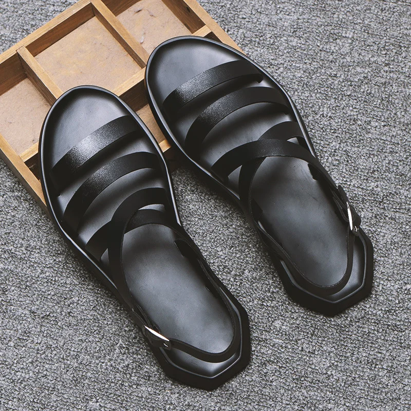 

Mens Sandals Leather Men Summer Shoes 2021 Flat Beach Sandals Male Black White Shoes KA1151