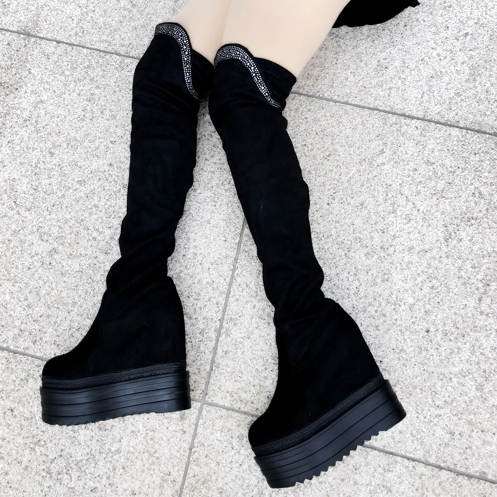 

Within Increase 13cm High-Heel Womens Boots Elegant Long Boots Rhinestone Over-The-Knee Boots Sexy Suede Stretch High Tube Boots