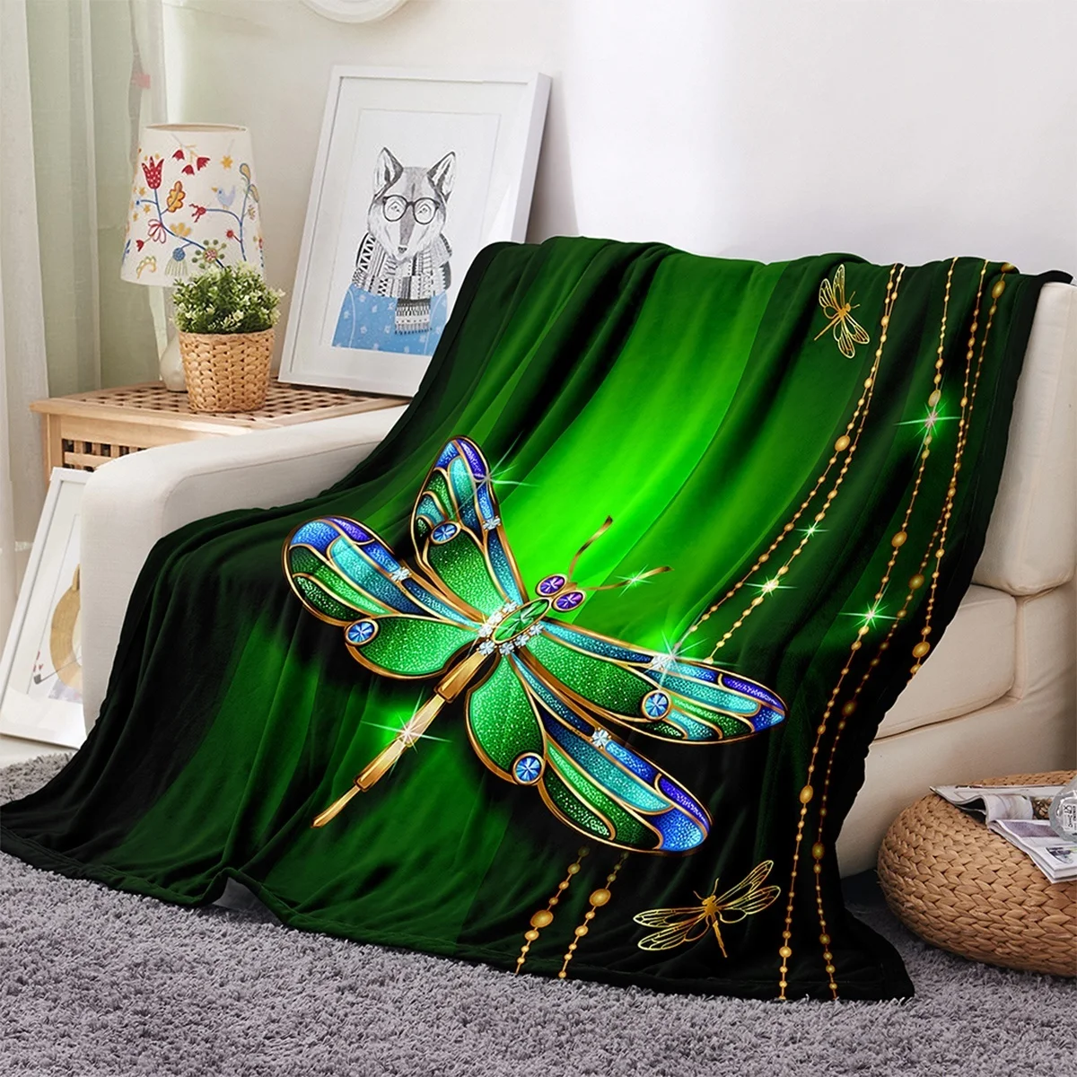 

3D Dragonfly Printing Plush Fleece Blanket Adult Fashion Quilts Home Office Washable