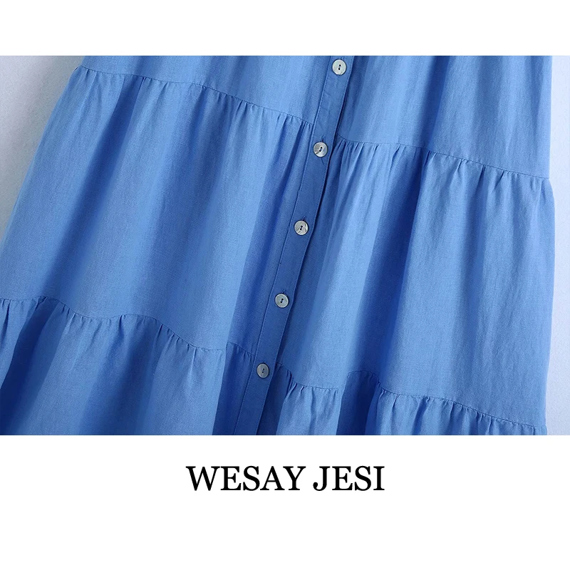 

WESAY JESI Summer Dress Women 2021 Casual Short Sleeve Mid-Calf Dresses Single-Breasted Fashion Folds Loose Oversized Female