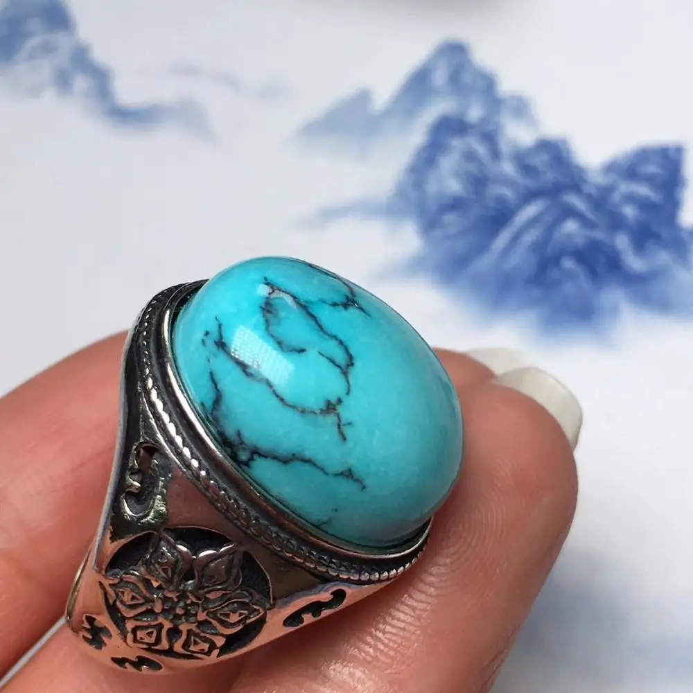 Регулируемое кольцо с кристаллом естественный бирюзово зеленый из серебра 925