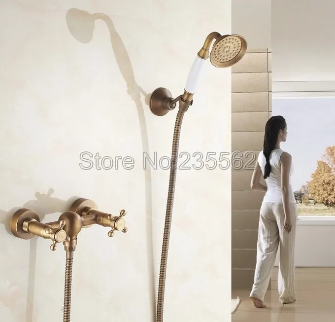 

Antique Brass Wall Mounted Bathroom Shower Faucet Hand Shower Spray Set Ltf300