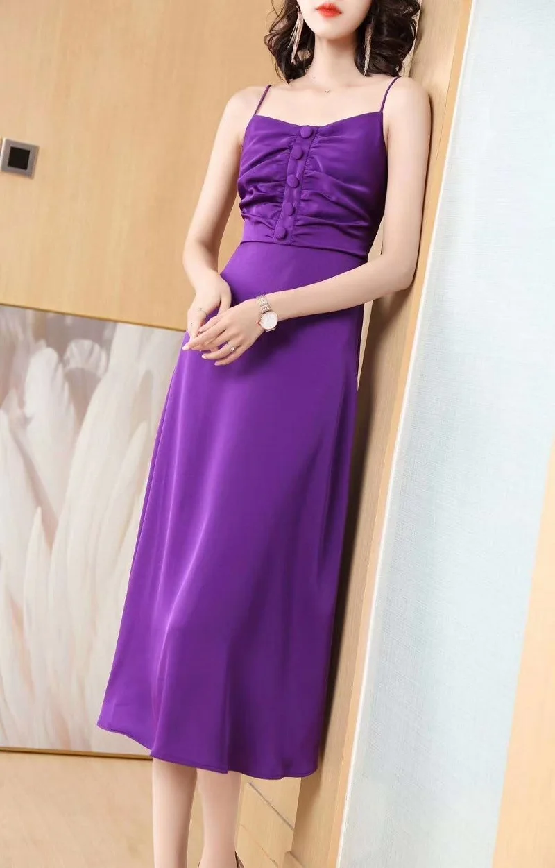 

Spring Summer 2021 Autumn Sexy Strap Dress High Quality Brand Women Pleated Buttons Front Sexy Red Purple Black Khaki Dress Club