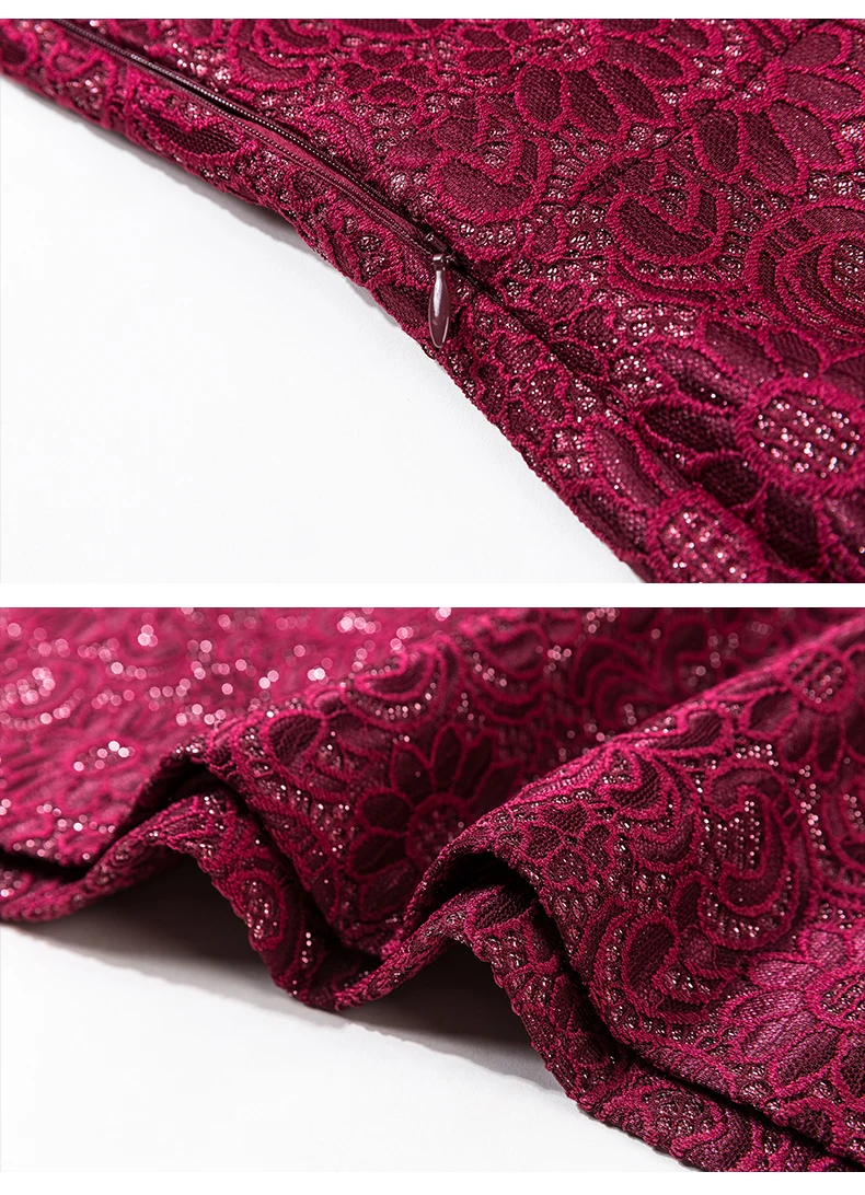 

2021 Spring New Fashion Long Sleeve Wine Red Split Lace Dress Women Clothing