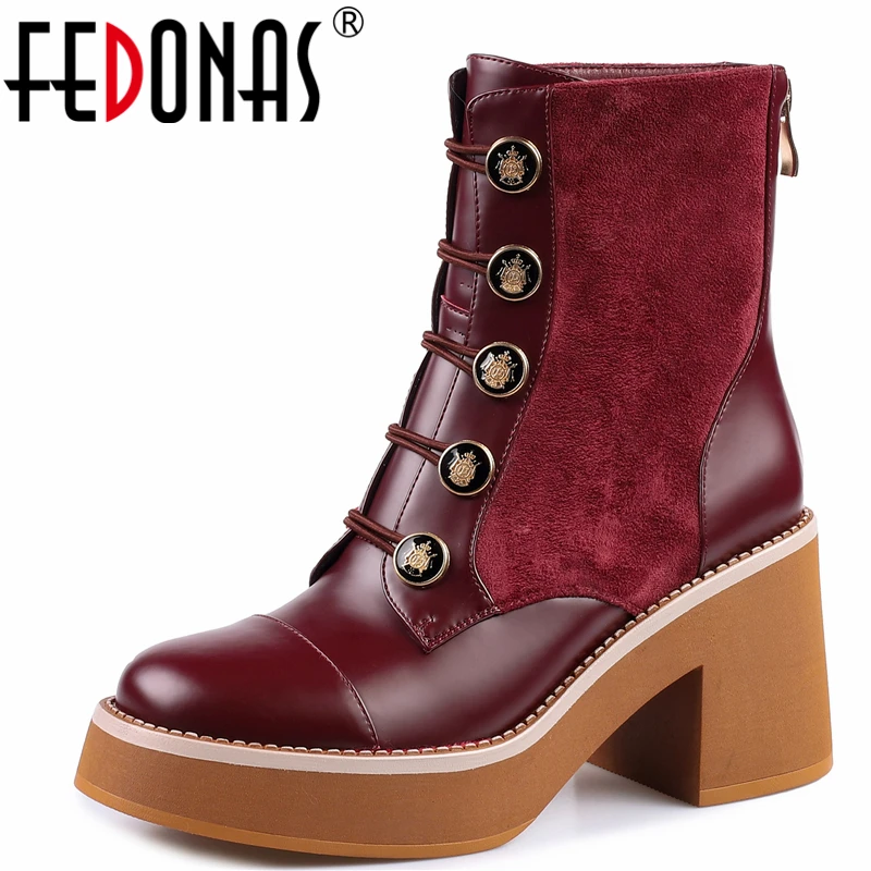 

FEDONAS Neutral Retro Button Women Ankle Boots High Heels Platforms Back Zipper Autumn Winter Brand Genuine Leather Shoes Woman
