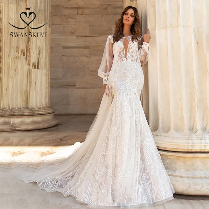 Слоновая кость Свадебное платье со съемным длинным рукавом,, Swanskirt, Сексуальная аппликация, Русалка, без бретелек, свадебное платье в тюркском стиле, Vestido de noiva, UZ31 - Цвет: Слоновая кость
