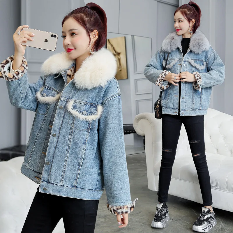Женская зимняя джинсовая куртка ZQLZ модная свободная однобортная с меховым