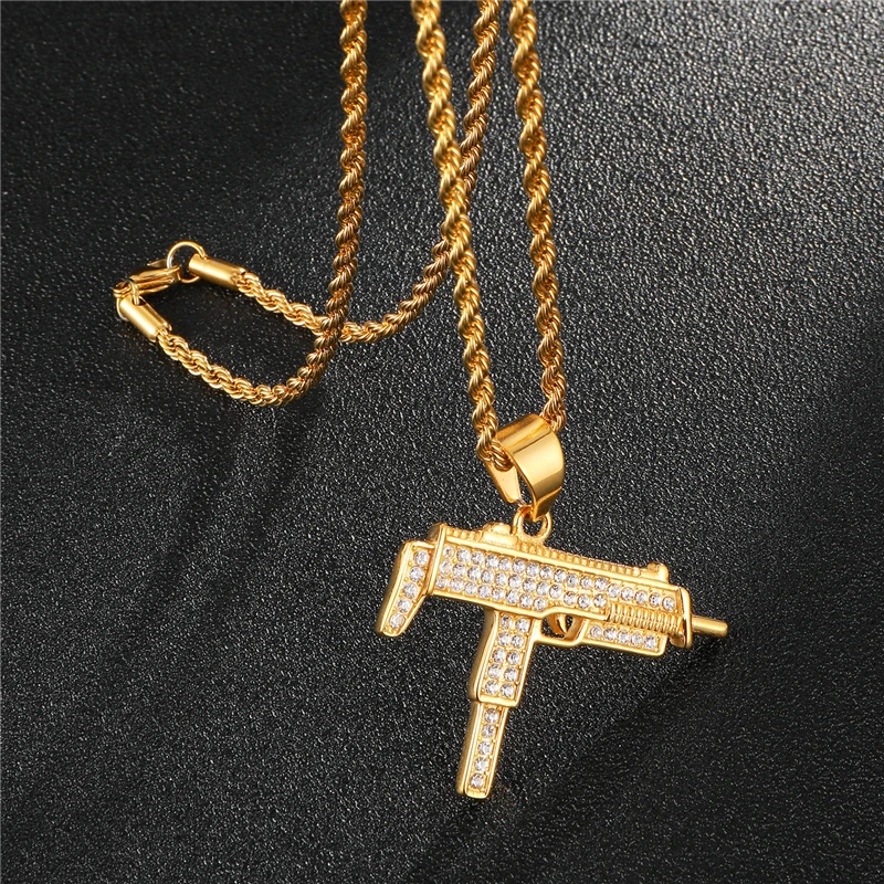 Iced Out Полный Стразы пистолет УЗИ форма кулон ожерелье s Bling Золото Цвет Нержавеющая сталь ожерелье для мужчин хип хоп ювелирные изделия