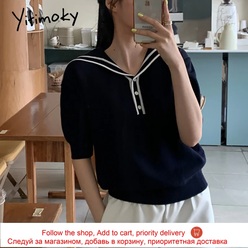 

Yitimoky Vintage Short Sleeve Women 2021 Summer Fashion Single Breasted Sailor Collar Turn-down Collar Knitted Solid Tops