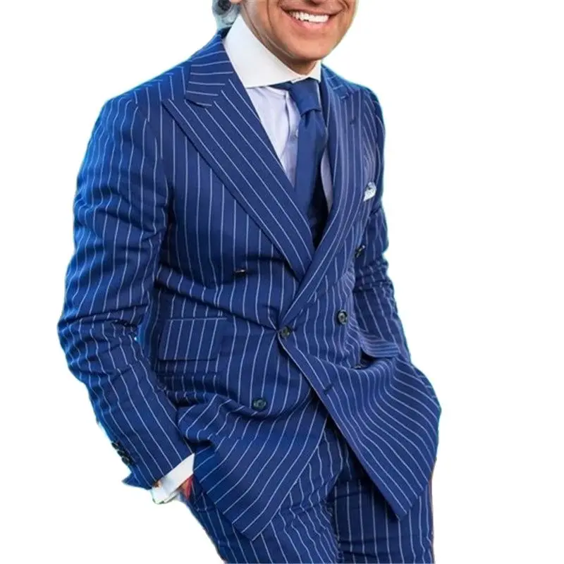 

2022 Fashion Design Blue Stripe Peak Lapel Double Breasted Men Suits For Business Formal Male Blazers Slim Fit Wear 2 Pieces