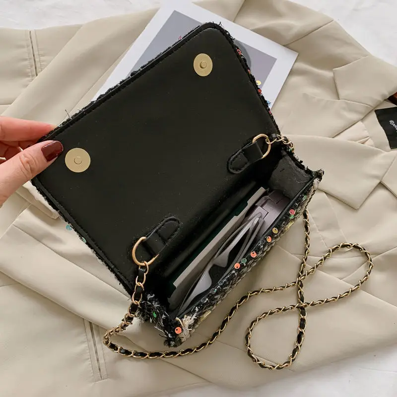 

Small Women Crossbody Bags Wool Panelled Sequins Pearl Chain Fashion Ladies Shoulder Messenger Bag Satchel
