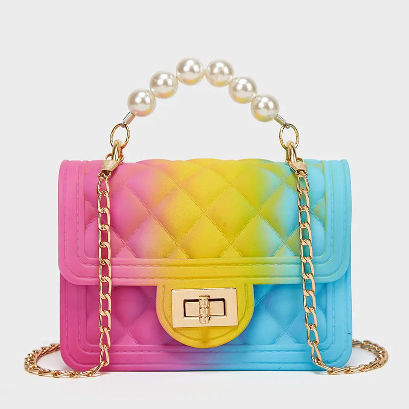 

Handbag Rainbow Bag PVC Chain Jelly Bag Spray Color Gradient Pearl Handbag Bags For Women Bags Dropshipping Tote Bags For Women