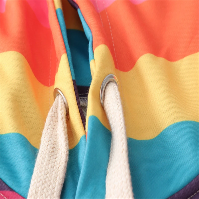 

Women Rainbow Color Striped Print Hooded Sweatshirts 2020 Winter Long Sleeve Drawstring Pockets Hoodies Pullovers
