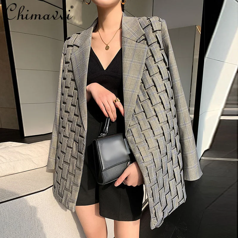 

Textured Long Sleeve Notched Blazer Women's Korean Fashion Casual Suit Female Pleated One Button Loose Cropped Jacket