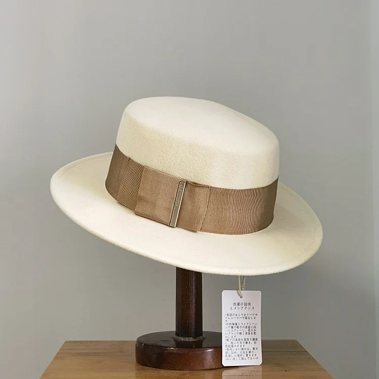 

Autumn Winter Japanese Woolen Flat-top Women's Retro Hat with Bowknot Metal Buckle Decoration Flat-brimmed Fashion Felt Hat