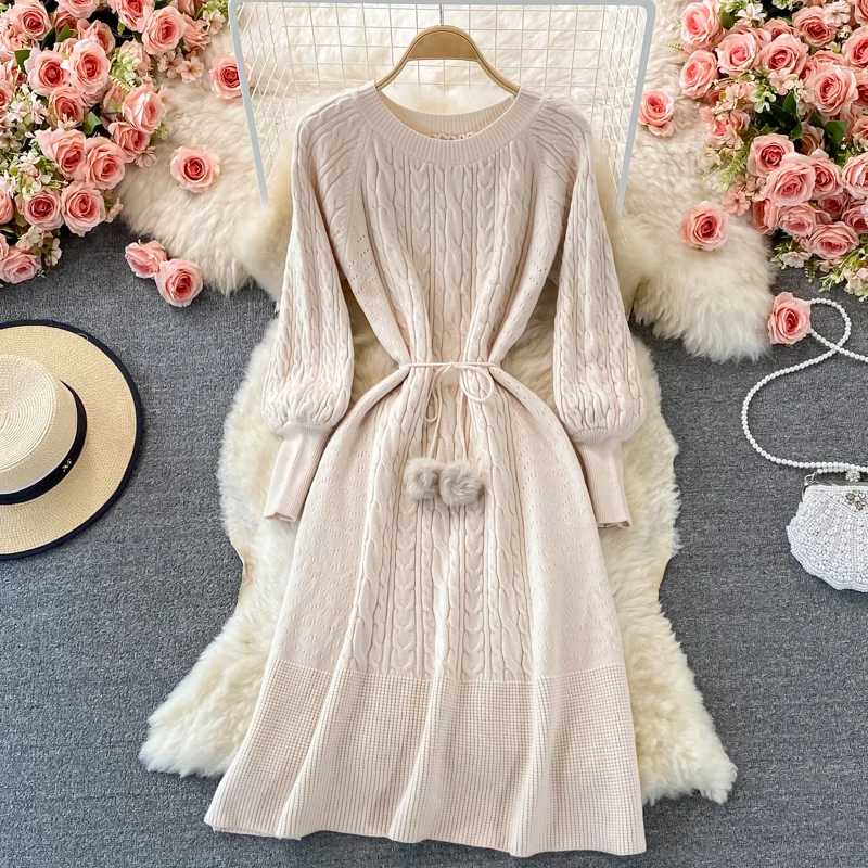 

Autumnnew French elegant retro over the knee base sweater dress winter fashion o neck lantern sleeve knitted dress belt trend