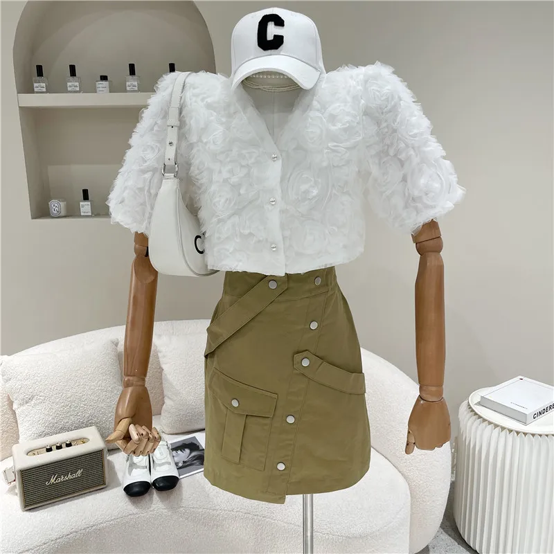 

Women's clothing Summer 2021 Fashion New Temperament lace three dimensional rose flower shirt hip skirt Two piece Set