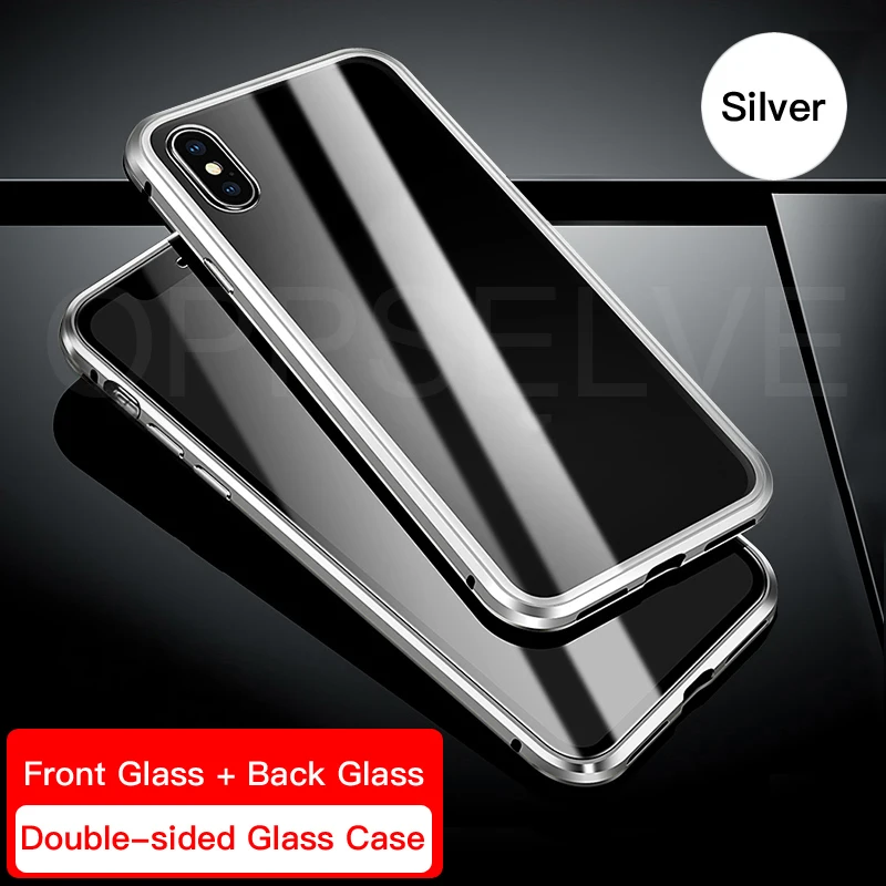 Transparent Silver 360 двухсторонний стеклянный Магнитный адсорбционный чехол для телефона для iPhone XR XS Max X 8 7 6 6S Plus металлическое закаленное стекло с магнитом Capinhas - Цвет: Transparent Silver