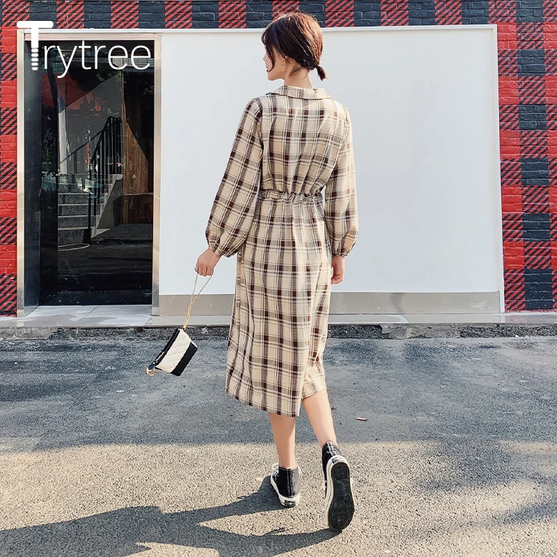 Весеннее женское платье Trytree 2020 повседневное однобортное клетчатое