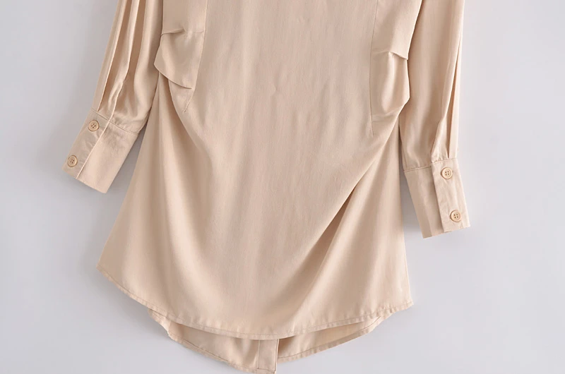 

Splend Moda 2021 Summer New Sexy V-Neck Asymmetrical Design Side Button Long-Sleeve Folds Shirt Dress Women Solid Color Casual