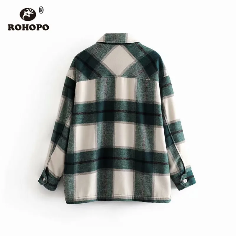 ROHOPO длинный рукав отложной воротник Шотландка большие пуговицы карманы толщина