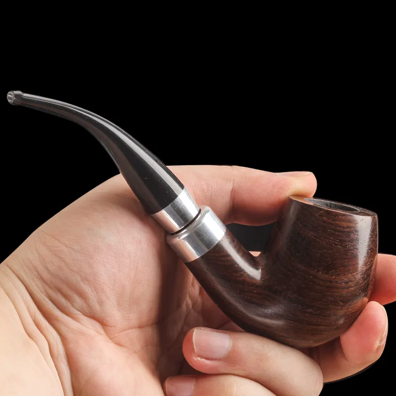 

Large handmade solid wood pipe Old-fashioned traditional smoke pot with ebony aluminum ring Filter dry pipe Tobacco pipe