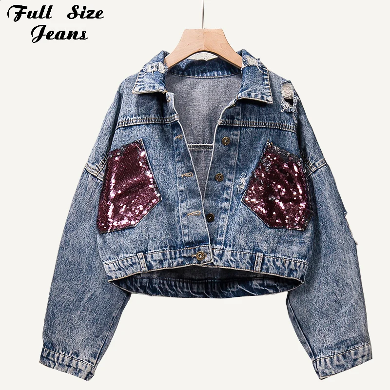 Женская джинсовая куртка бомбер с блестками размеры до 5XL|Женские куртки| |
