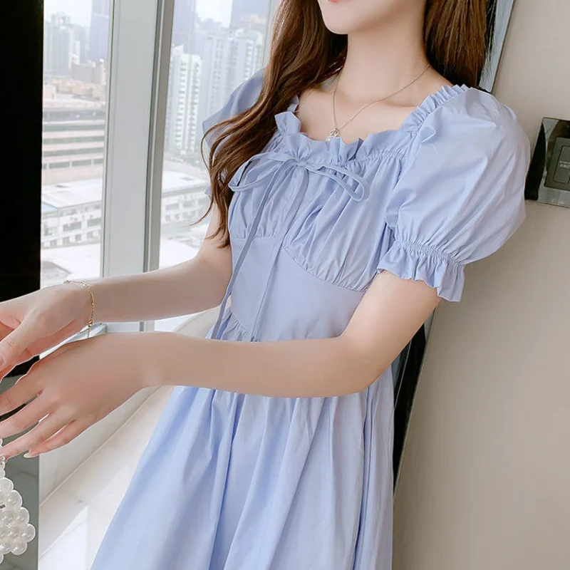 

2021 Women Spring Summer Casual Solid Dress Lady Sweet Lace Up Pleated A-line Vestidos Female Vintage Square Collar Dresses K862