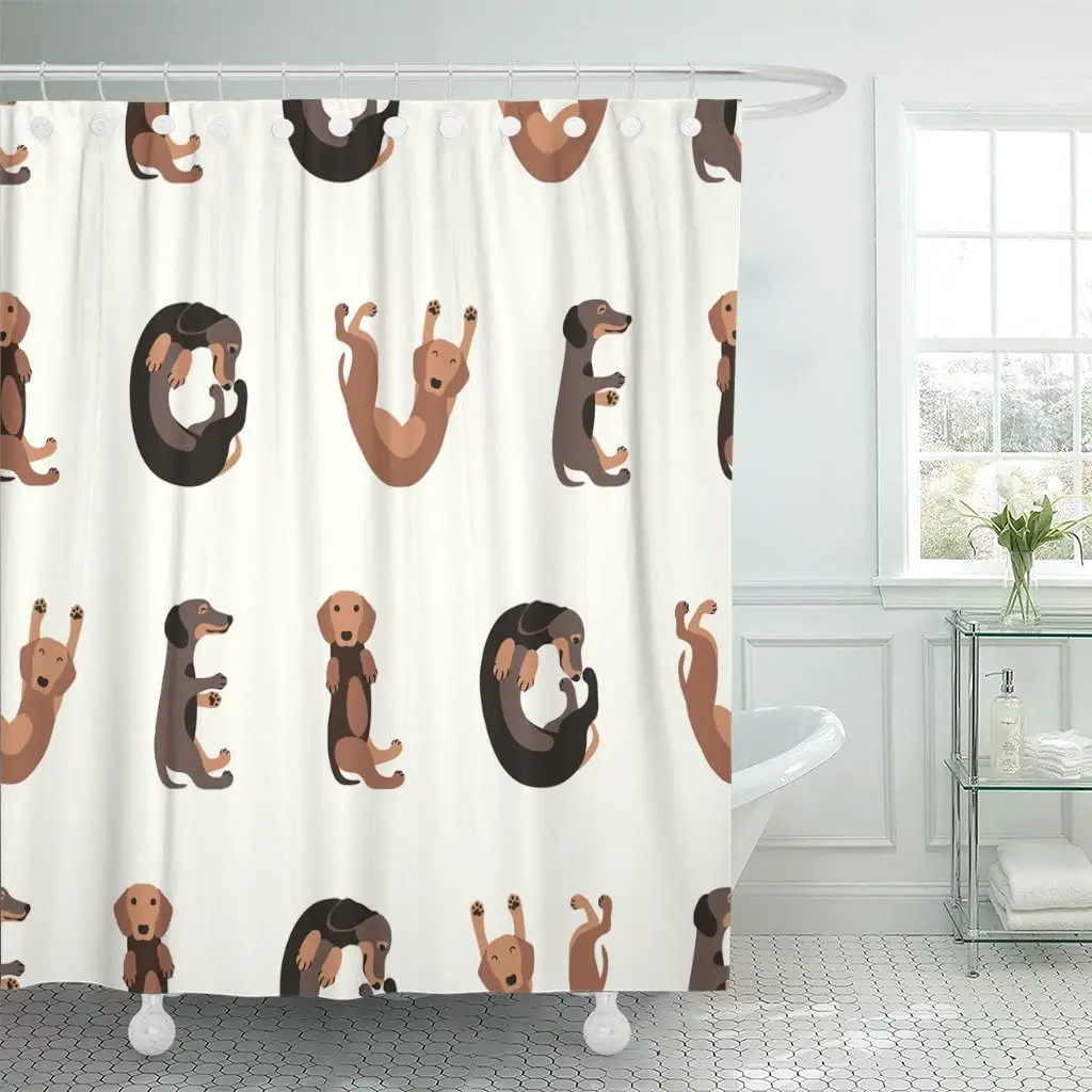 Brown Animal Flat Pattern Word Love of Dachshund Dogs Badger Breed Bathroom Curtain Waterproof Polyester Fabric 72 x 72 inches