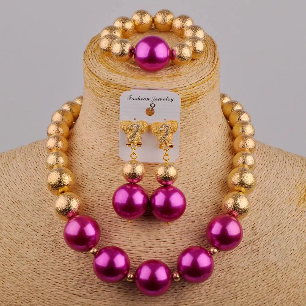 

Fashion Jewelry Nigerian Bride Wedding Jewelry African Wedding Wedding Dress Fuchsia Pink Glass Pearl Necklace Set SH-88