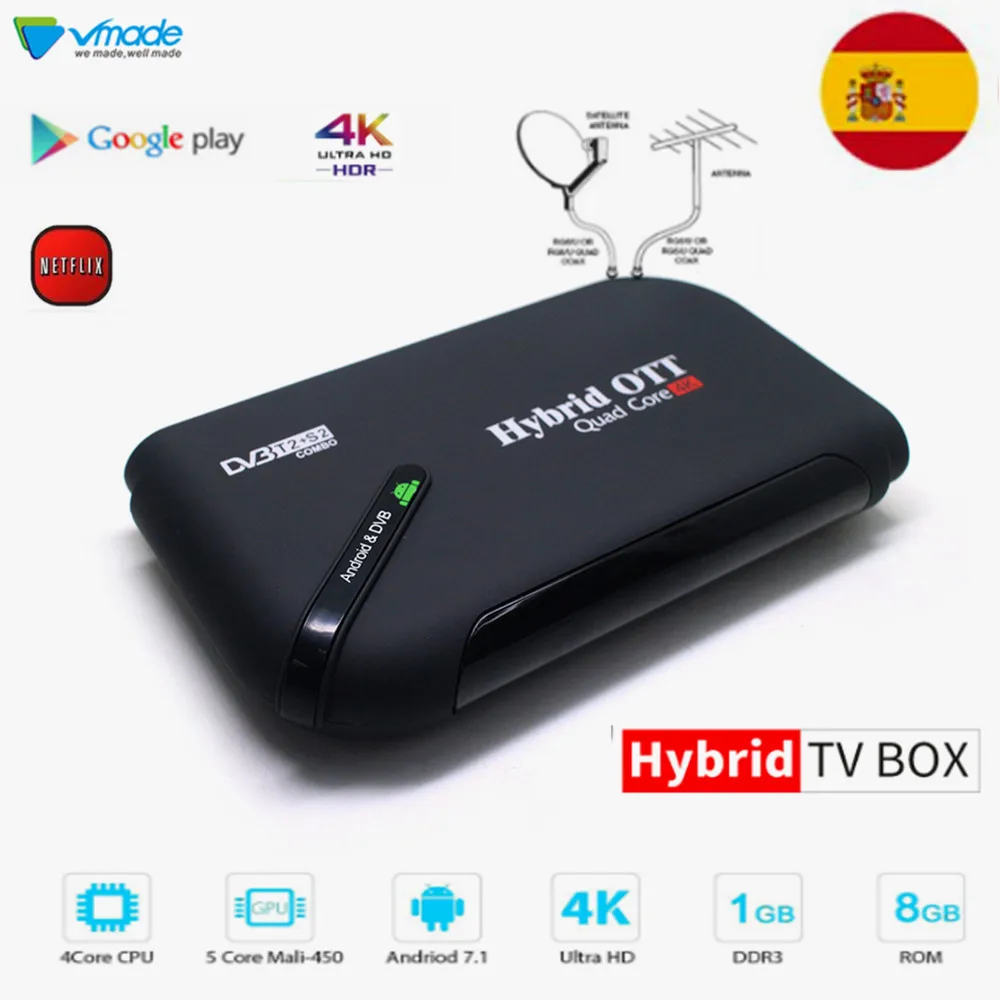 DVB-T2 DVB-S2 ОС Android 7,1 Восьмиядерный Смарт ТВ приставка S905D четырехъядерный 1+ 8 Гб наземный спутниковый ресивер комбо 802,11 b/g/n