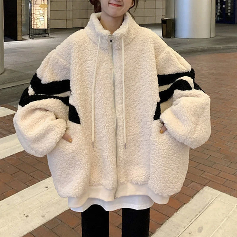 

Women Lamb Velvet Jacket Ladies Plus Velvet Thick Wild Baseball Coat Contrast Color Autumn Winter Outwear