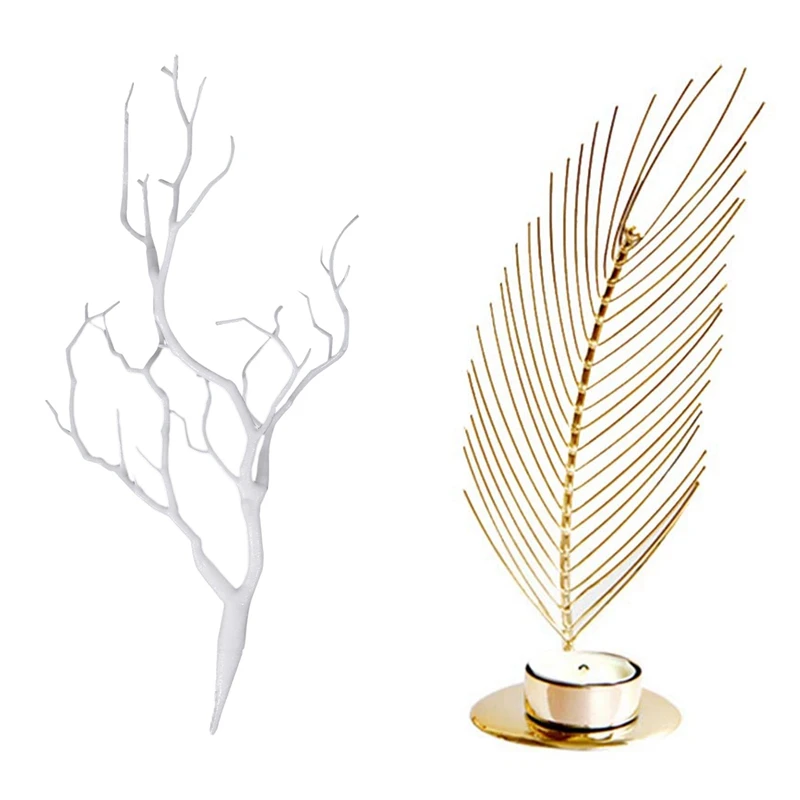 

3 искусственных белых сухих ветвей деревьев растений и 1 подсвечник золотого цвета