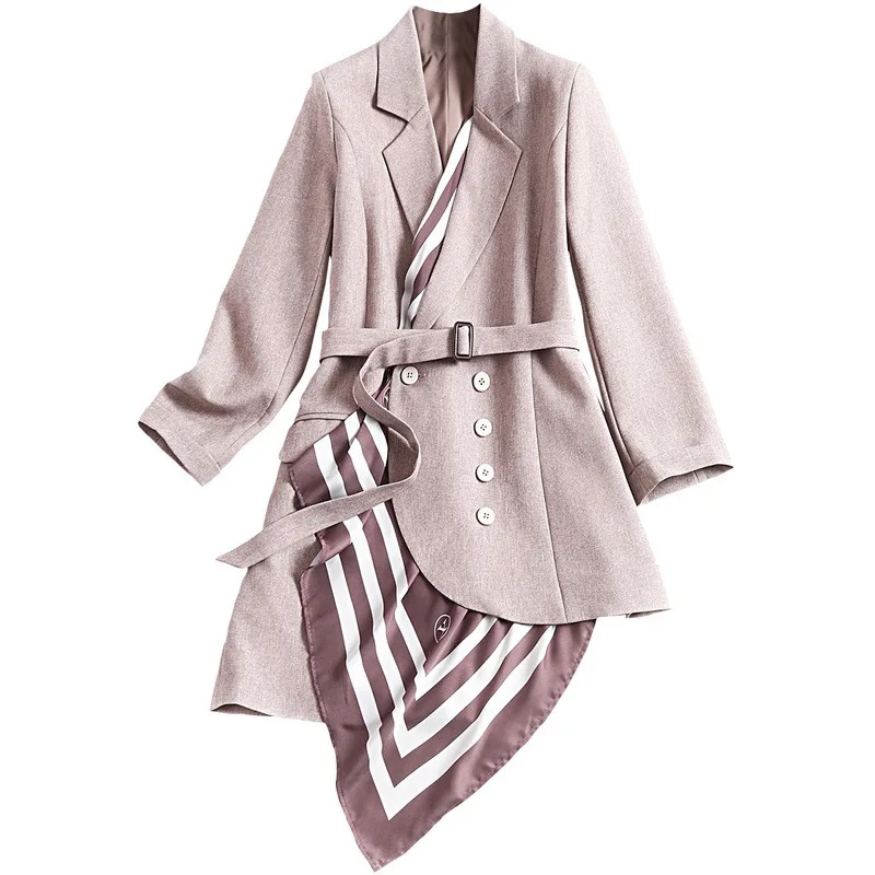 

Women Blazer Long Sleeve Double Breasted Blazers Fashion Design Print Silk Scarf Spliced Womens Jackets Female Suit Coat New