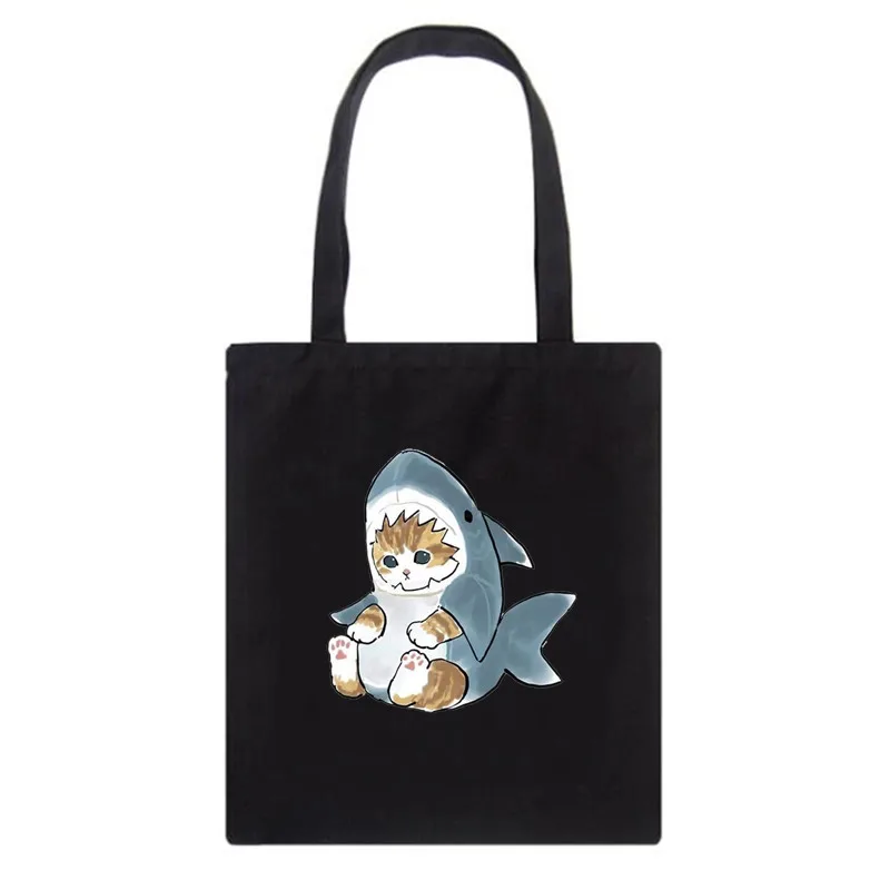 Холщовые сумки для покупок женщин многоразовые тканевые мешки с кошкой акулой