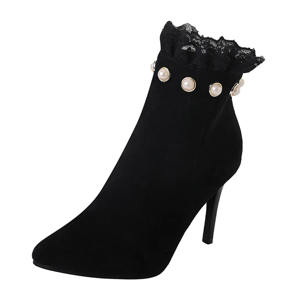 Женские туфли из эластичной ткани с жемчугом замшевые на шпильке полусапожки