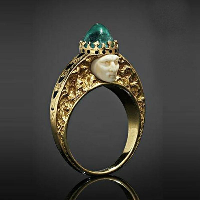 

Men's Vintage Rings Fashion Royal King Stamp Rings Luxury Gold Color Engraving Green Color Crystal Stone Jewelry 30M395