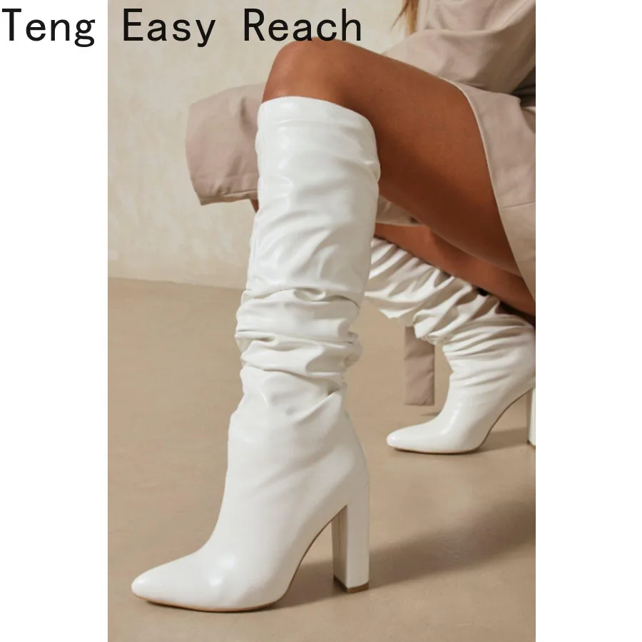 

Fashion Women Pleated Knee High Boots Sexy Pointed Toe Thick High Heel Long Western Boots Side Zipper Comfortable Women Shoes