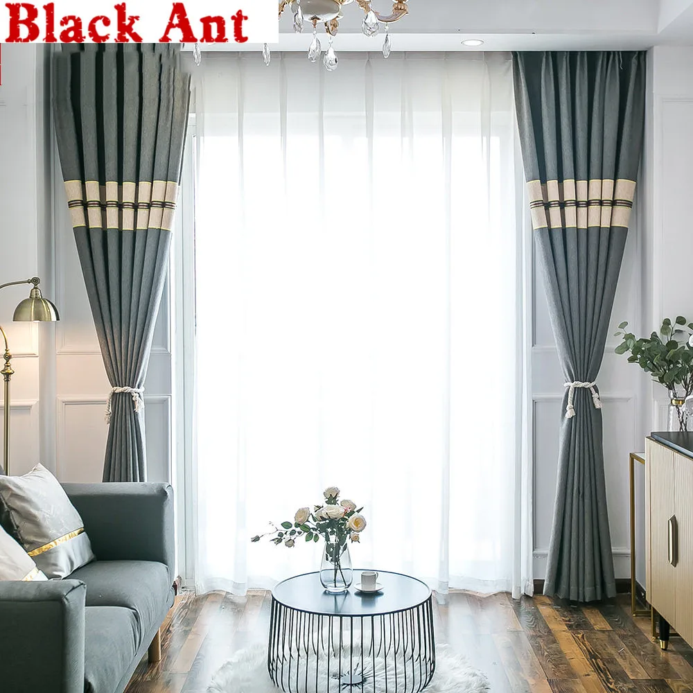 Затемняющие шторы в синюю полоску для окон спальни однотонная драпировка