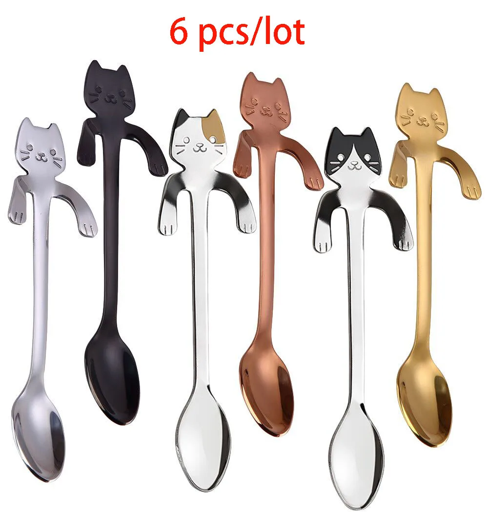

Cute Cat Shaped Spoon 304 Stainless Steel Long Handle Coffee Spoons Flatware Hanging Cartoon Handles Drinking Kitchen Tools 6Pcs