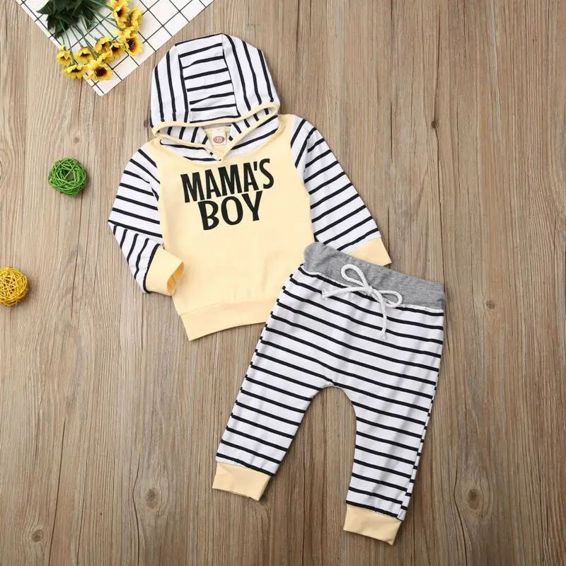 Toddler Kids Baby Boy Tracksuit Pullover Hooded Stripes Top Pants Casual Clothes Outfits Set |