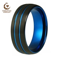 black blue tungsten weding band for men and women dome band 8mm with grooved brushed finish comfort fit
