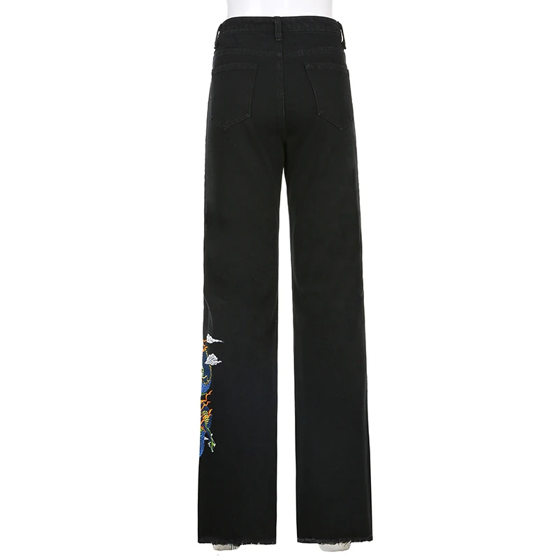

Weekeep Dragon Embroidery Jeans Women Chinese Pattern Streetwear High Waist Casual Pants Straight Denim Trousers Summer Harajuku