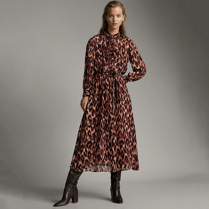 Трендовое женское платье с принтом и бантом 2020 богемное отложным воротником