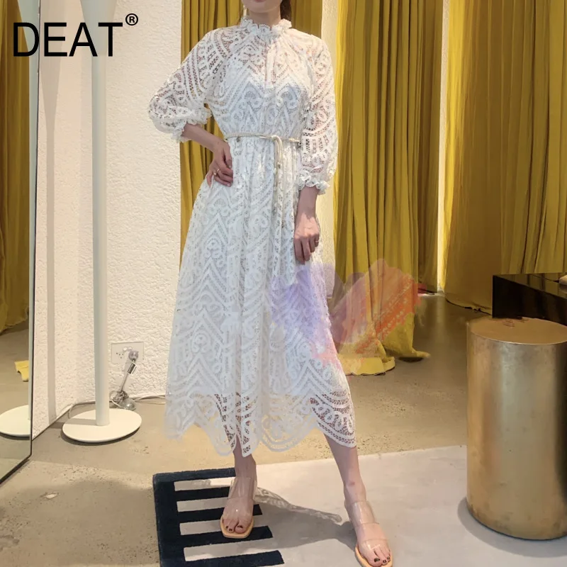 Женское платье с рукавами фонариками DEAT корейское приталенное воротником