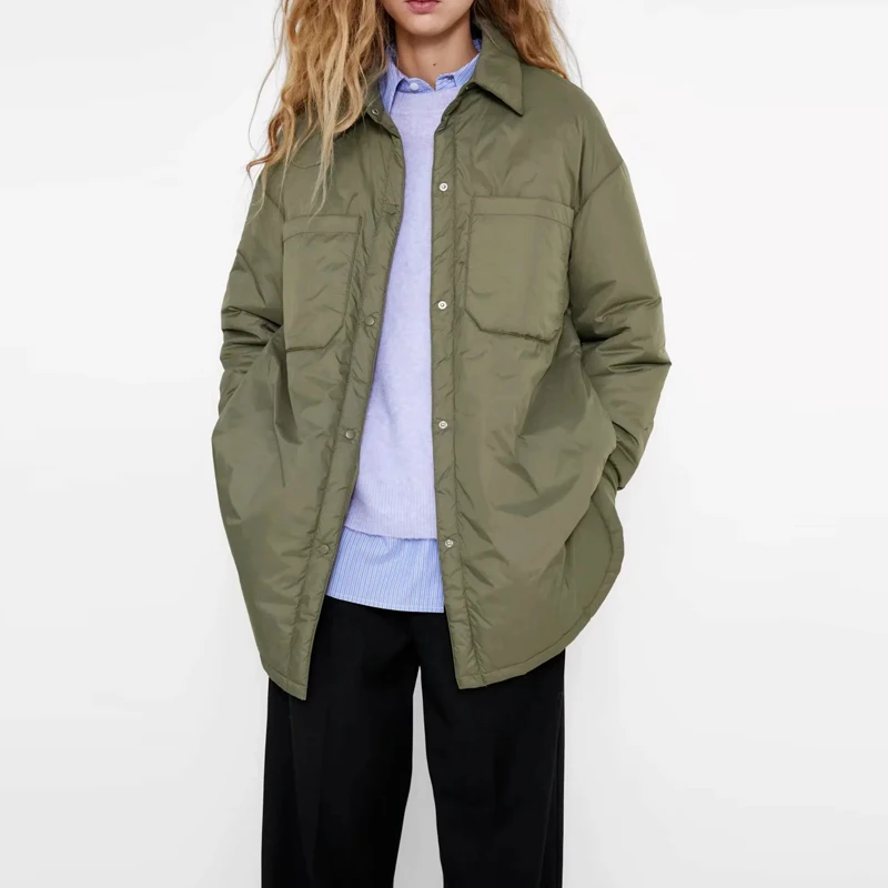 

Winter Fashion New Arrival Turn Down Collar Long Sleeve Shirt Coats Black Green Women Parkas With Pockets Mujer Solid Jackets